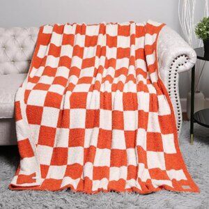 Orange & Beige Super Soft Checkered Throw Blanket 50x60 – Cozy Home Decor, New